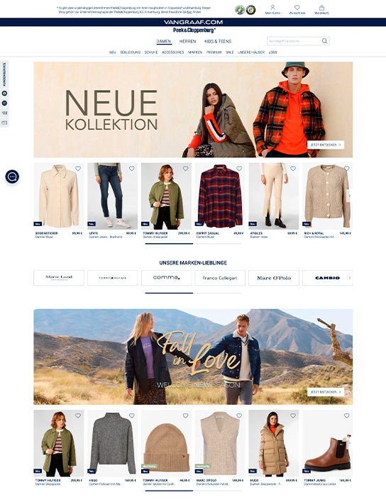 Die Ansicht der Startseite des P&C* Hamburg Onlineshops. Oben ein Banner mit einem Pärchen, darunter diverse Modeartikel.