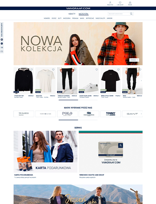 Die Ansicht der Startseite des VAN GRAAF Onlineshops in Polen. Oben ein Banner mit einem Pärchen, darunter diverse Modeartikel.