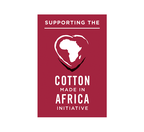 Logo der "Cotton made in Africa"-Initiative mit stilisierter Afrika-Kontur in einem Herz auf rotem Hintergrund.