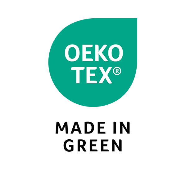 OEKO-TEX Made in Green Logo mit grünem Tropfensymbol.