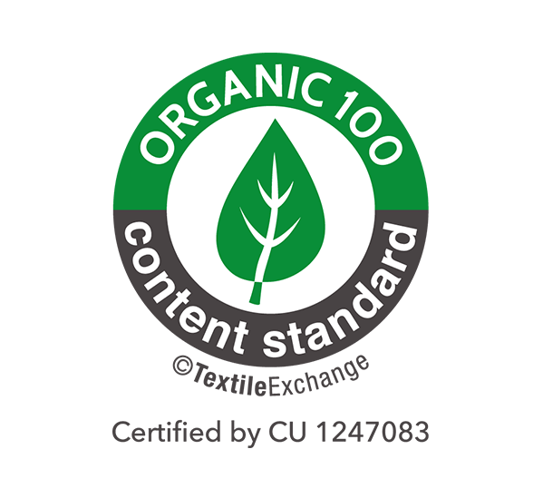 Grünes und graues Siegel mit Blatt und Text "Organic 100 Content Standard", darunter "Certified by CU 1247083".