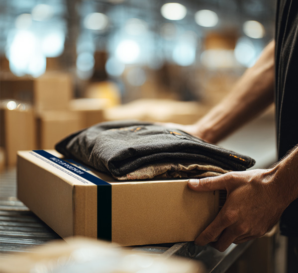Eine Person verpackt Kleidung in einem Karton in einer Lagerhalle.