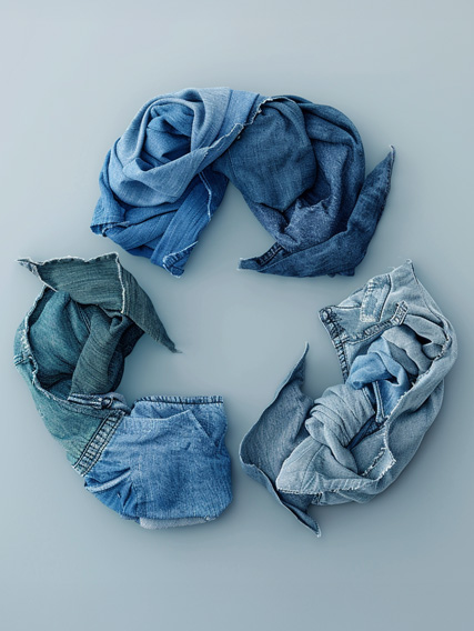 umwelt_topic_slider_recycling_427x568 Drei Paar zusammengerollte Jeans bilden ein Recycling-Symbol auf grauem Hintergrund.