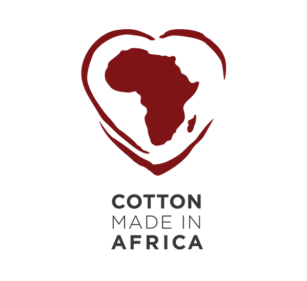 Herzförmiges Logo mit Afrika-Kontinent-Silhouette und dem Text "Cotton Made in Africa".