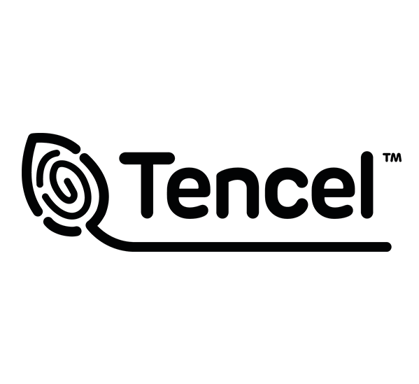 Tencel-Logo mit stilisiertem Blatt und Markennamen in schwarzer Schrift.